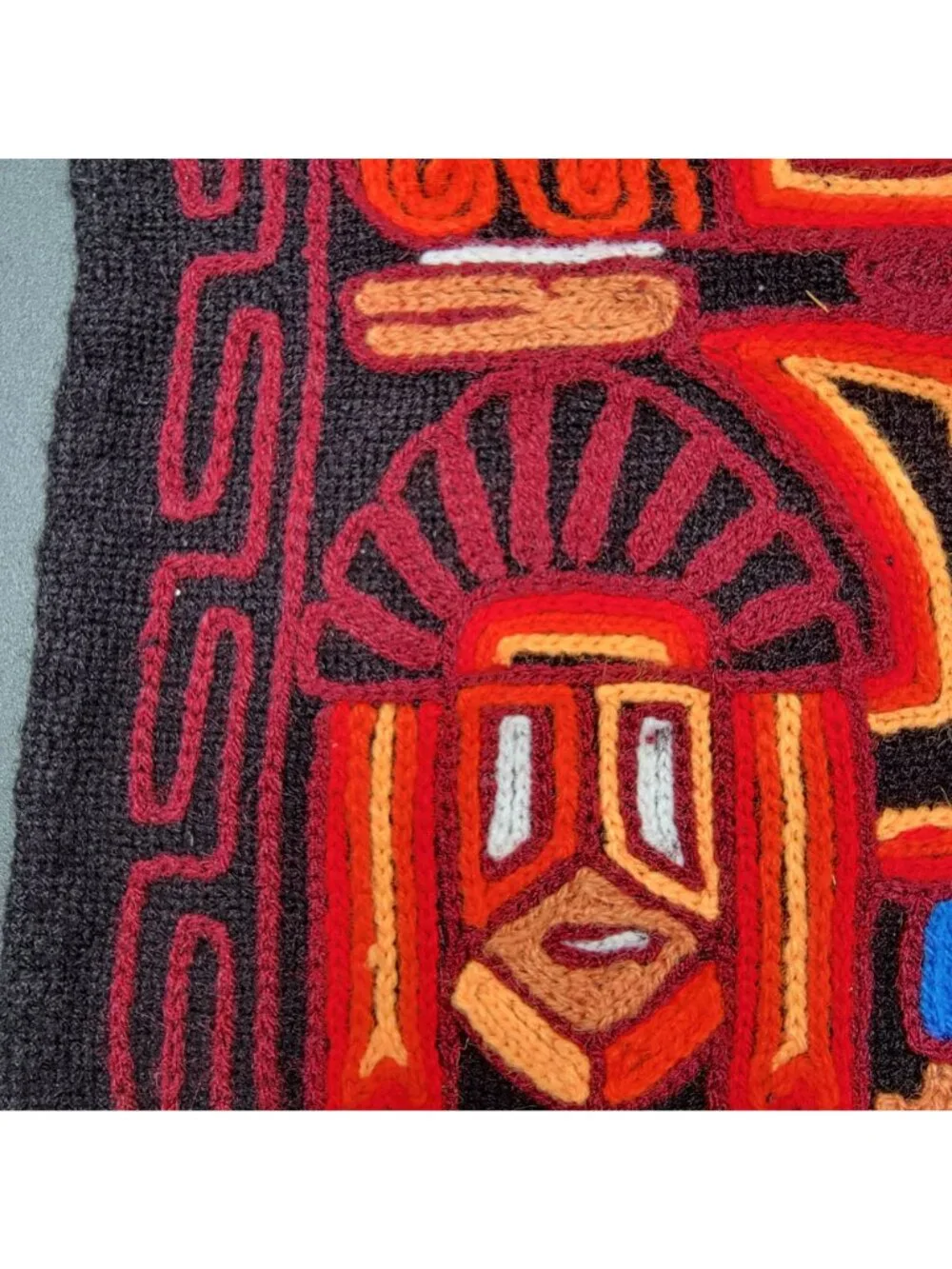 Vintage Peruvian Inca Folk Art Embroidered Wool Wall Hanging Red-Black Tapestry